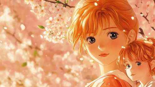 Warm spring sunlight embraces anime mother and child