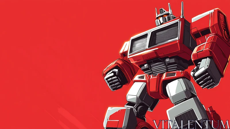 Heroic red robot stands boldly against vivid backdrop.