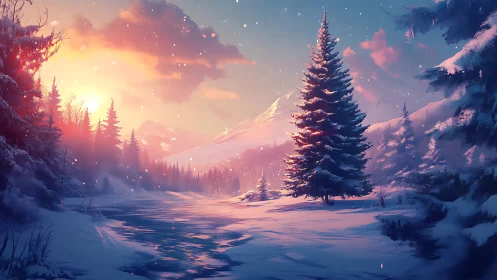 Snowlit river hums beneath a rosy winter sunrise