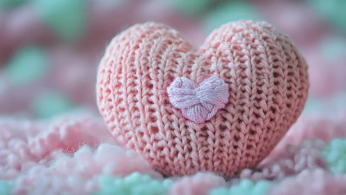 Cozy Knitted Heart Resting Among Soft Pastels.