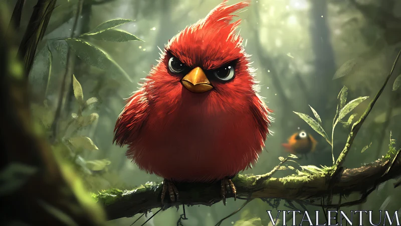 Grumpy Red Cartoon Bird on Branch in Lush Forest, Digital Art.