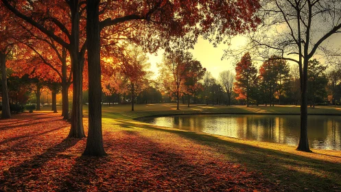 Golden autumn sunset warms a tranquil lakeside park path