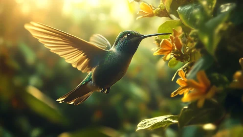 Vibrant hummingbird sipping nectar in sunlit garden, photorealistic style.