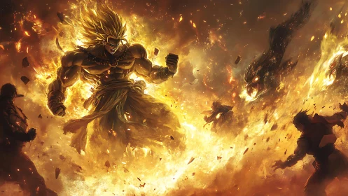 Volcanic energy warrior in incandescent impact detonation field.