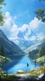 Alpine lake valley under towering sunlit snow peaks.