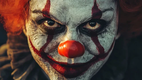 Sinister horror clown closeup with intense painted stare.