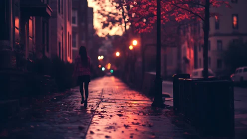 Solitary figure walking down wet city street at dusk.
