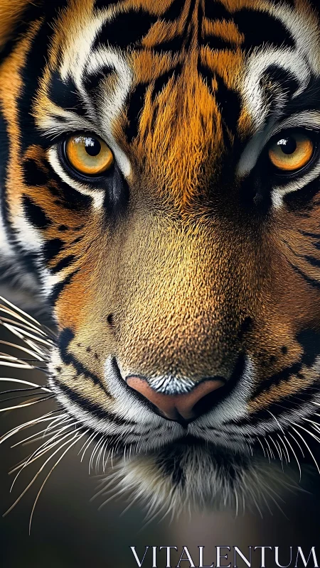 Tiger face close-up shows detailed fur, whiskers and eyes