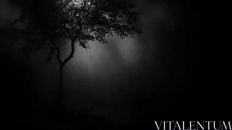 Single tree silhouette in dense darkness with backlighting.