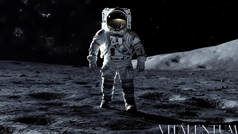 Astronaut stands on lunar surface under dark starry sky