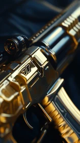 Golden metallic rifle render shows detailed receiver close-up