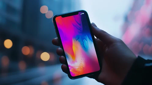 Handheld OLED smartphone in urban bokeh illumination study.