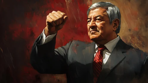 Elder statesman raises clenched fist before red brushwork background.