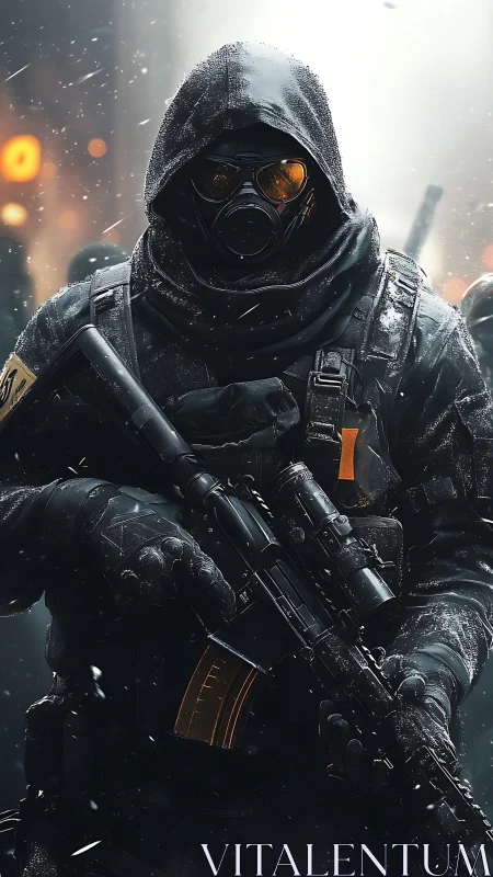 Hooded tactical soldier stands armed in a frozen warzone