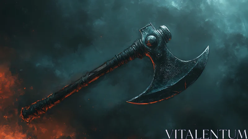 Battle axe with curved blade floats against smoky backdrop