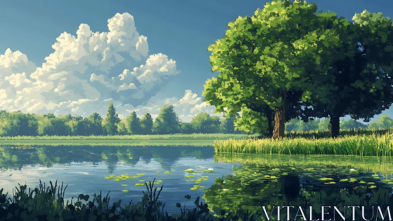 Lakeside trees reflected in calm water under bright clouds.