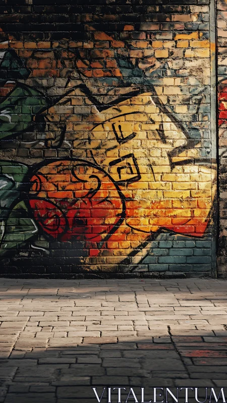 Urban brick wall graffiti with warm gradient character motif.