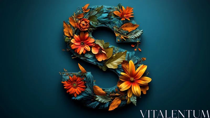 Number 9 constructed from orange flowers and teal textured material.