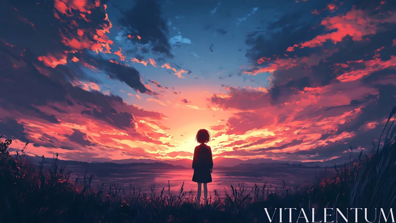 Silhouetted child observing vivid magenta and cyan sunset sky.