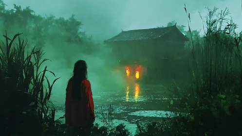 Solitary figure observes misty riverside house at night