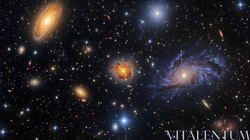 Multi-galaxy deep space field with spiral and irregular forms.