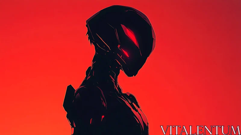 Silhouetted robotic figure is rendered against uniform red field