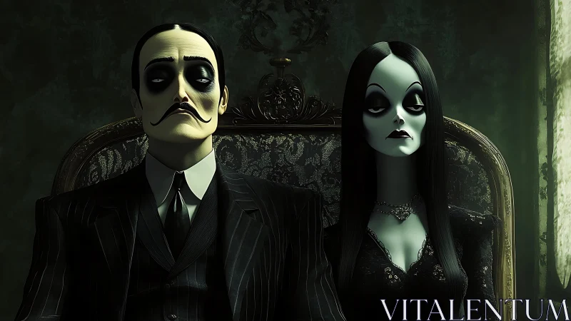 Gothic couple portrait in chiaroscuro digital painting style.
