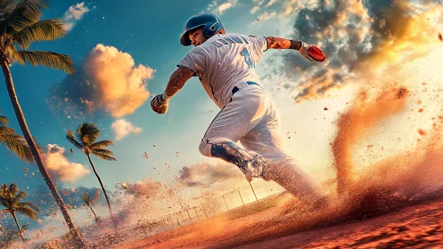 Baseball runner sliding on infield under tropical sunset.