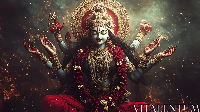Radiant multi-armed goddess crowned in firelit splendor.