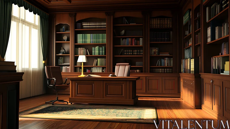 Elegant wood-paneled home office glows in afternoon light.