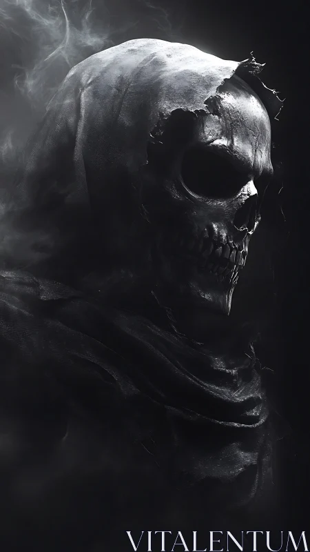 Hooded skeletal figure in torn cloak against dark background.