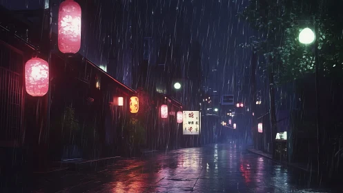 Neon lantern alley in heavy rain, cinematic nightscape.