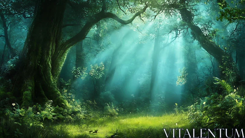Enchanted Forest Clearing with Celestial Light Rays.