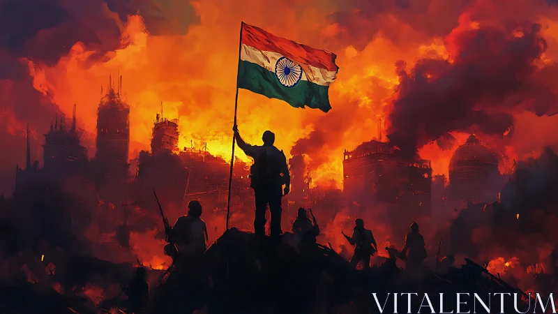 Soldier raises Indian flag over burning ruined cityscape