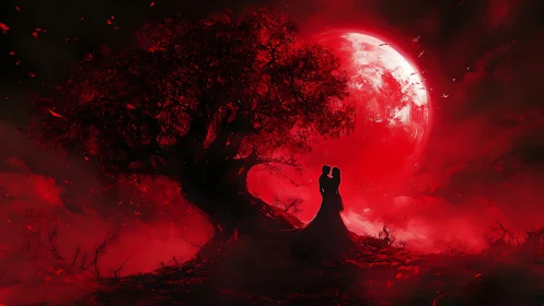 Silhouetted Figures Under Crimson Lunar Sphere with Baroque Arboreal Silhouette