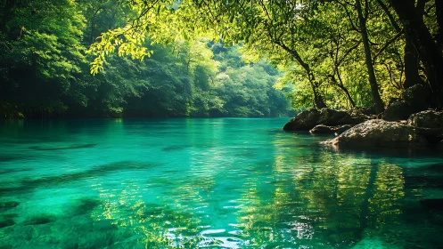 Emerald jungle river glows under filtered morning light.