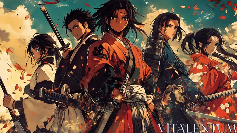 Samurai friends standing strong beneath swirling autumn skies.