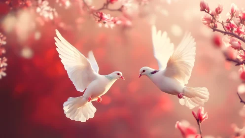 White Doves Meeting Among Cherry Blossoms.