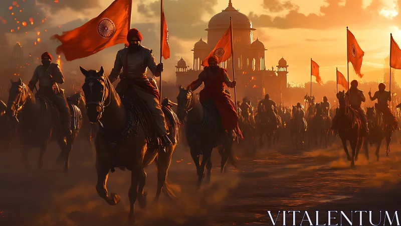 Sunset cavalry procession with Indian flags before Mughal palace