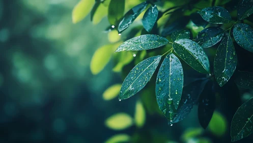 Rain-kissed green leaves glow softly in gentle forest light