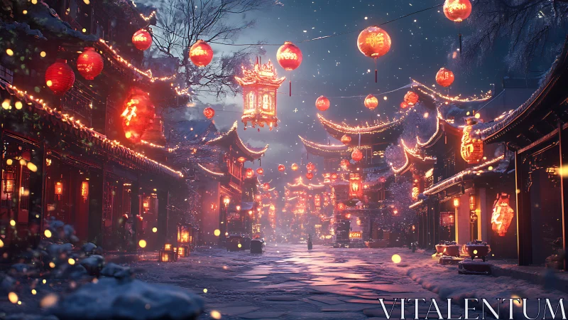Lantern-lit winter festival street draped in crimson glow.