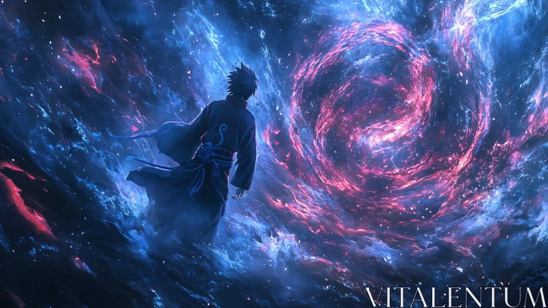 Starlit wanderer gazes into a swirling cosmic gateway of light