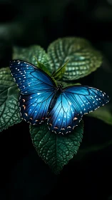 Gentle blue butterfly resting softly on deep green leaves.