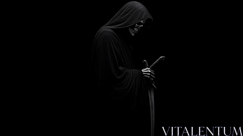 Grim reaper in deep shadow with sword and skeletal grin.