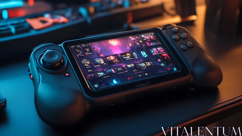 Portable Gaming Device with Controllers in Neon Environment.