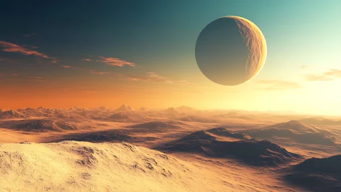 Exoplanetary terminator above irradiated desert basin horizon.
