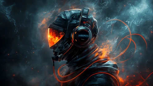 Futuristic hooded figure in flaming visor helmet with cables