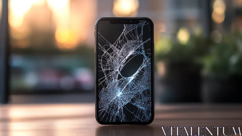 Cracked smartphone screen glowing softly in sunset bokeh.