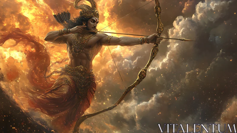 Mythic archer god draws a golden bow amid burning skies