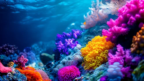 Radiant coral garden beneath tranquil blue ocean light.